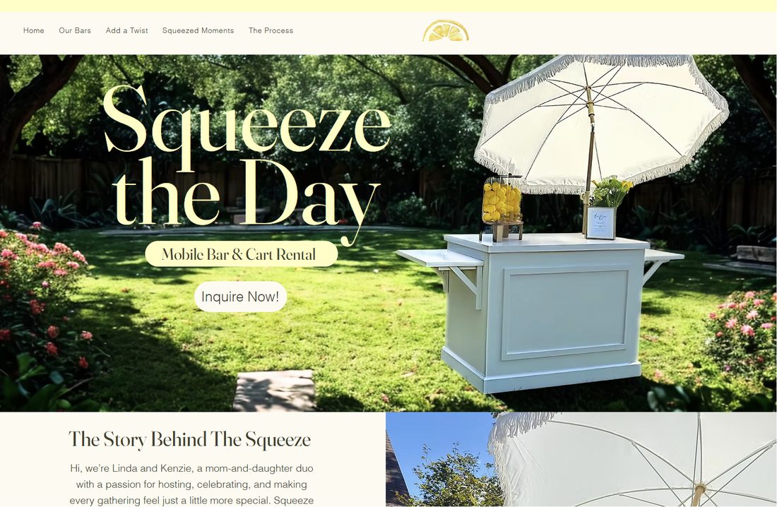 Squeeze the Day original website before the Dunn Digital redesign, bar cart hero with no people